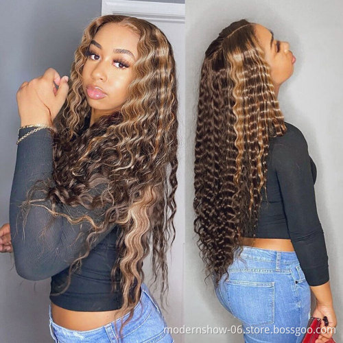 Brazilian Highlight Honey Blonde Pre-plucked Virgin Human Hair Deep Wave Lace Frontal Wigs For White and Black Women